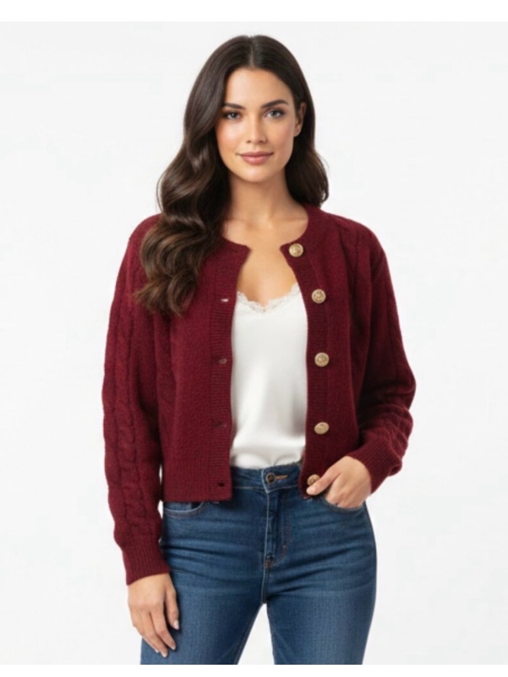 J. Crew Burgundy Cable-Knit Button Front Cardigan